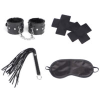 Kit Sado Bondage com 4 Peças – Venda, Chicote, Algema e Adesivos Sensoriais para Seios